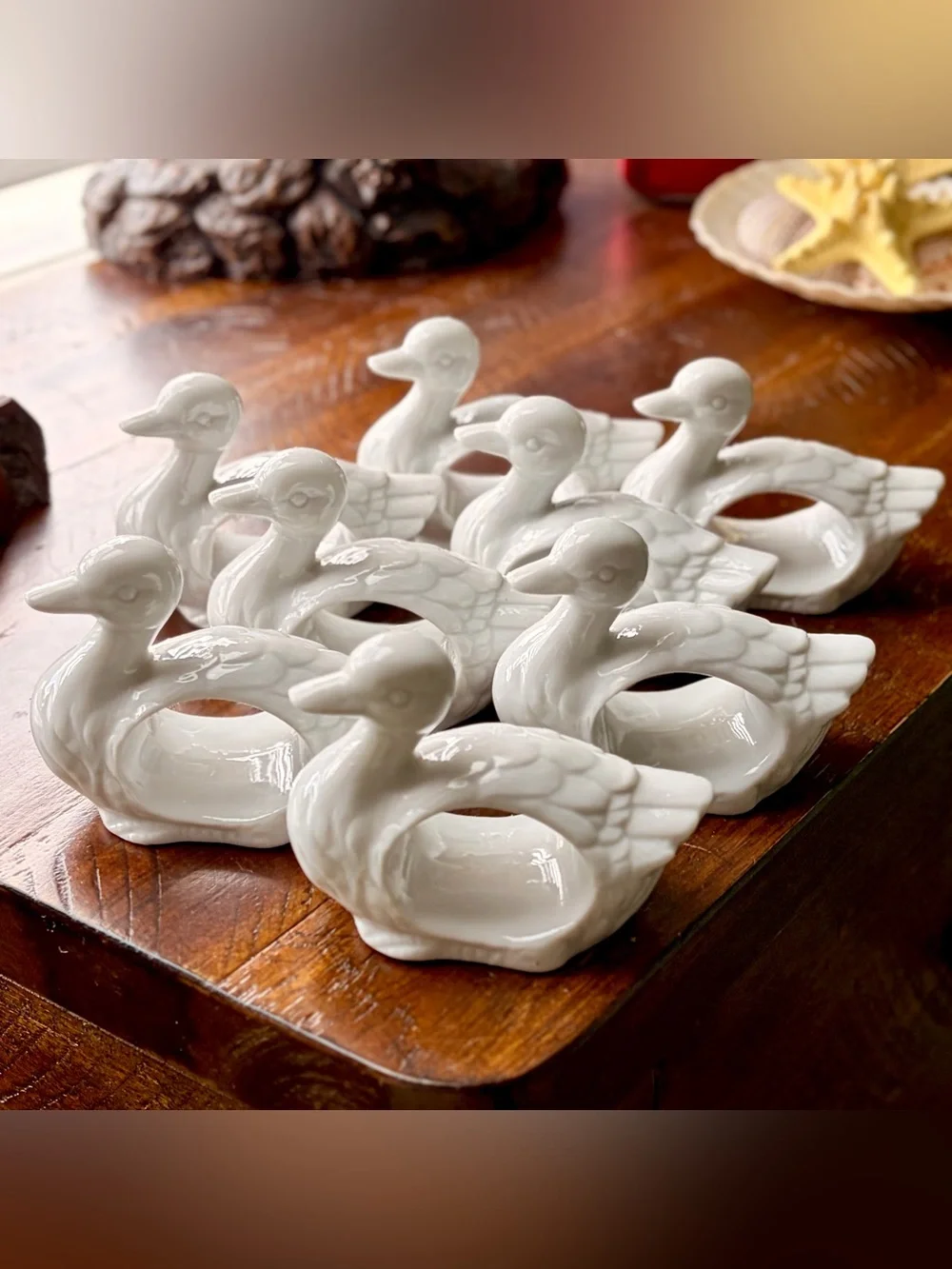 Vintage Cottagecore Kitchen Table Elegant White Ceramic Duck Napkin Rings Set x8